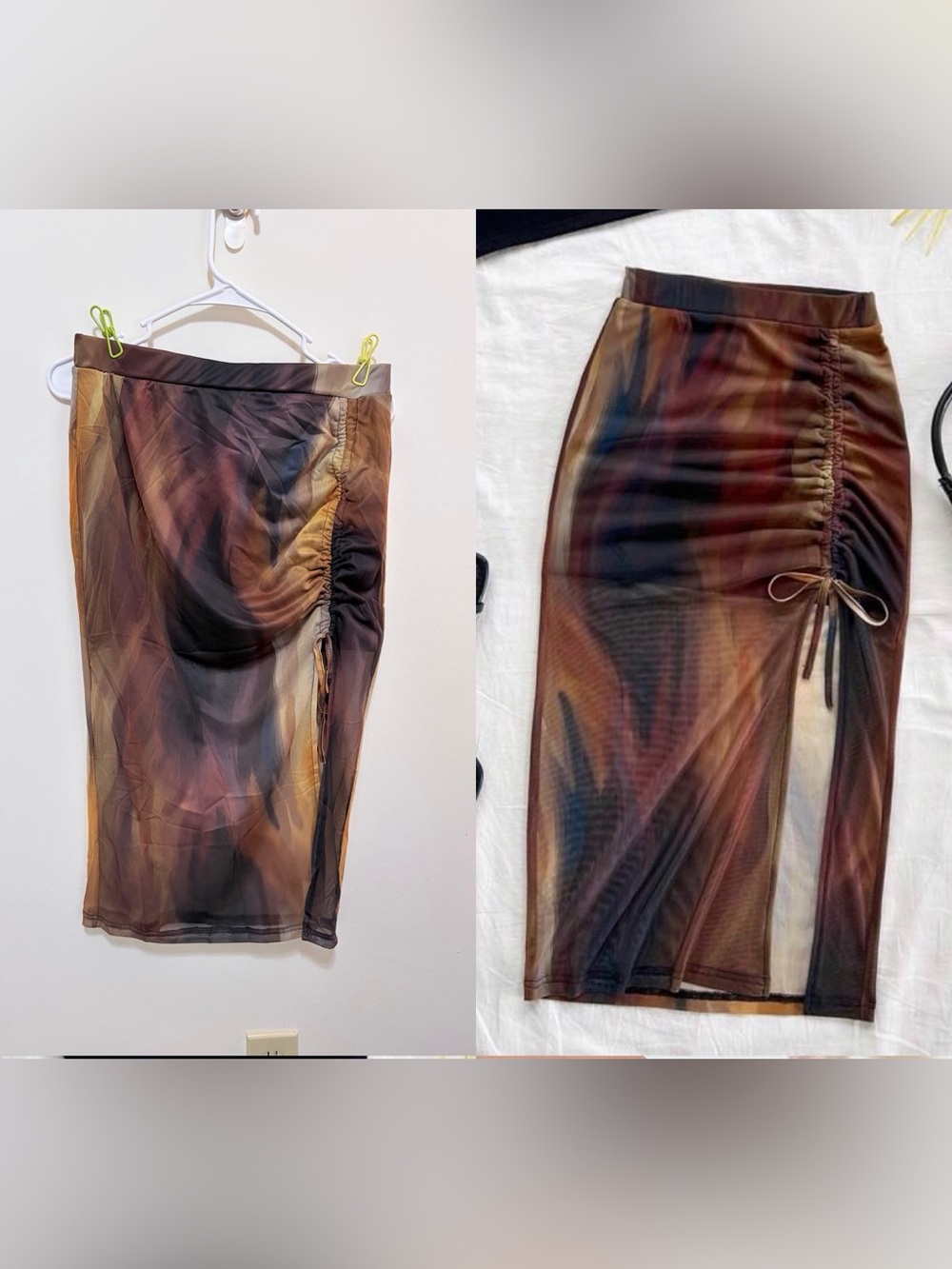 SHEIN Brown Multicolor Ruched Side Mesh Midi Skirt